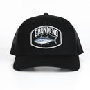 Black trucker baseball cap with a white and blue embroidered logo of a bluefin tuna on the front.