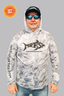 Person wearing a gray hoodie with 'Mr Fish' branding on a gray background