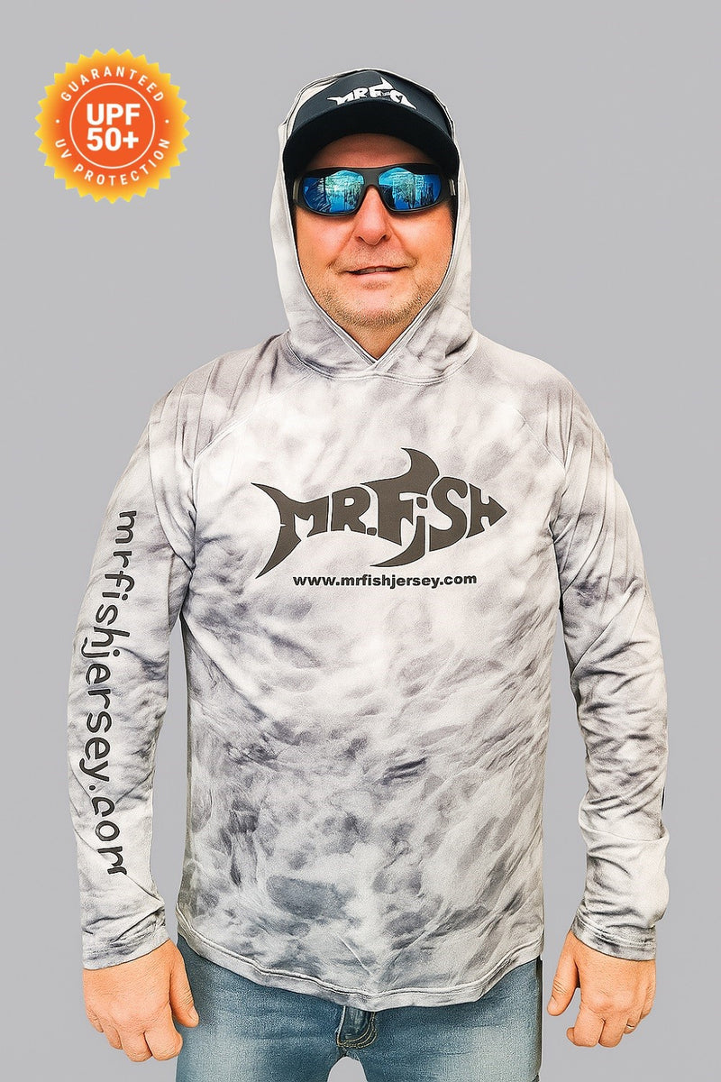 Person wearing a gray hoodie with 'Mr Fish' branding on a gray background