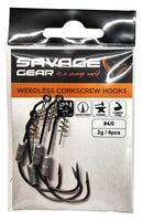 Packaging of Savage Gear Weedless Corkscrew Hooks, showing the hooks through a clear plastic window, with product details and branding on the card.