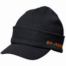 Savage Gear black peaked woolly fishing hat with warm knitted beanie design, curved sun-shading peak and orange embroidered Savage Gear logo.