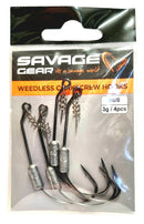 A package of Savage Gear Weedless Corkscrew Hooks, with visible carbon steel hooks and weighted components, packaged on a clear plastic card with orange and black branding.