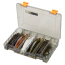 A clear plastic case with orange handles, containing various soft lures for fishing in different colors and a few hooks.